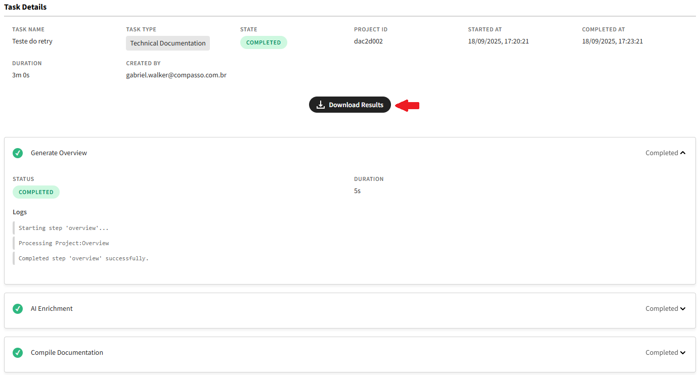 Pantalla de resultados de la tarea mostrando el botón de descarga destacado