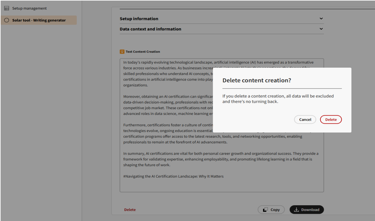 Delete Text Modal on the Solar Tool – Writing Generator Screen