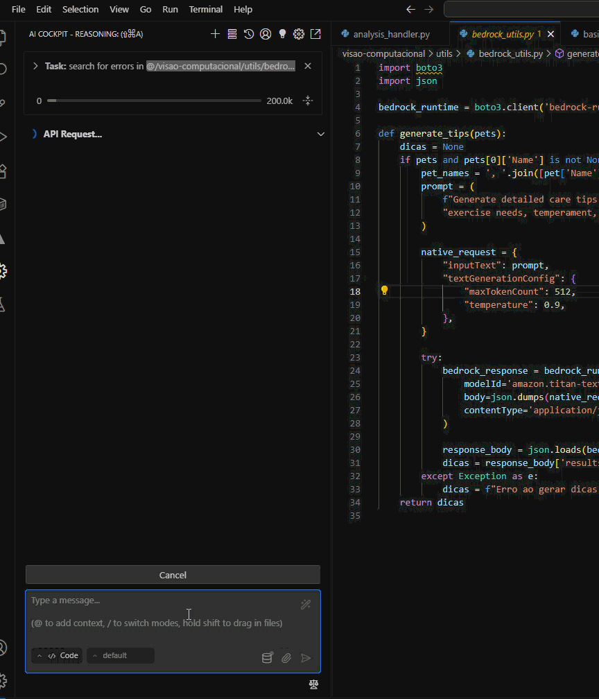 GIF mostrando algumas das capacidades de teste e correção do AI Cockpit Reasoning