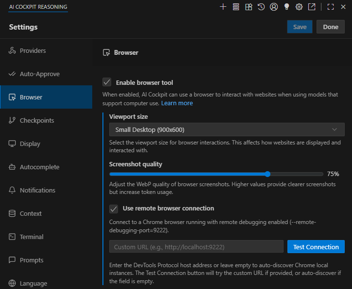 Menu de configurações do navegador
