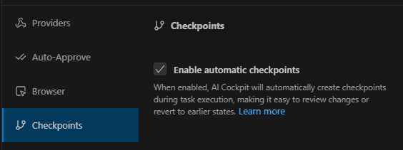 Configurações de checkpoint na configuração de reasoning do AI Cockpit