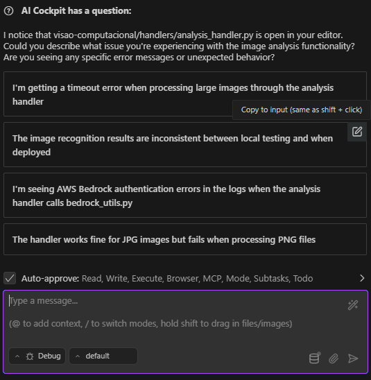 Caixa de entrada do chat mostrando o texto copiado de uma resposta sugerida, pronto para edição